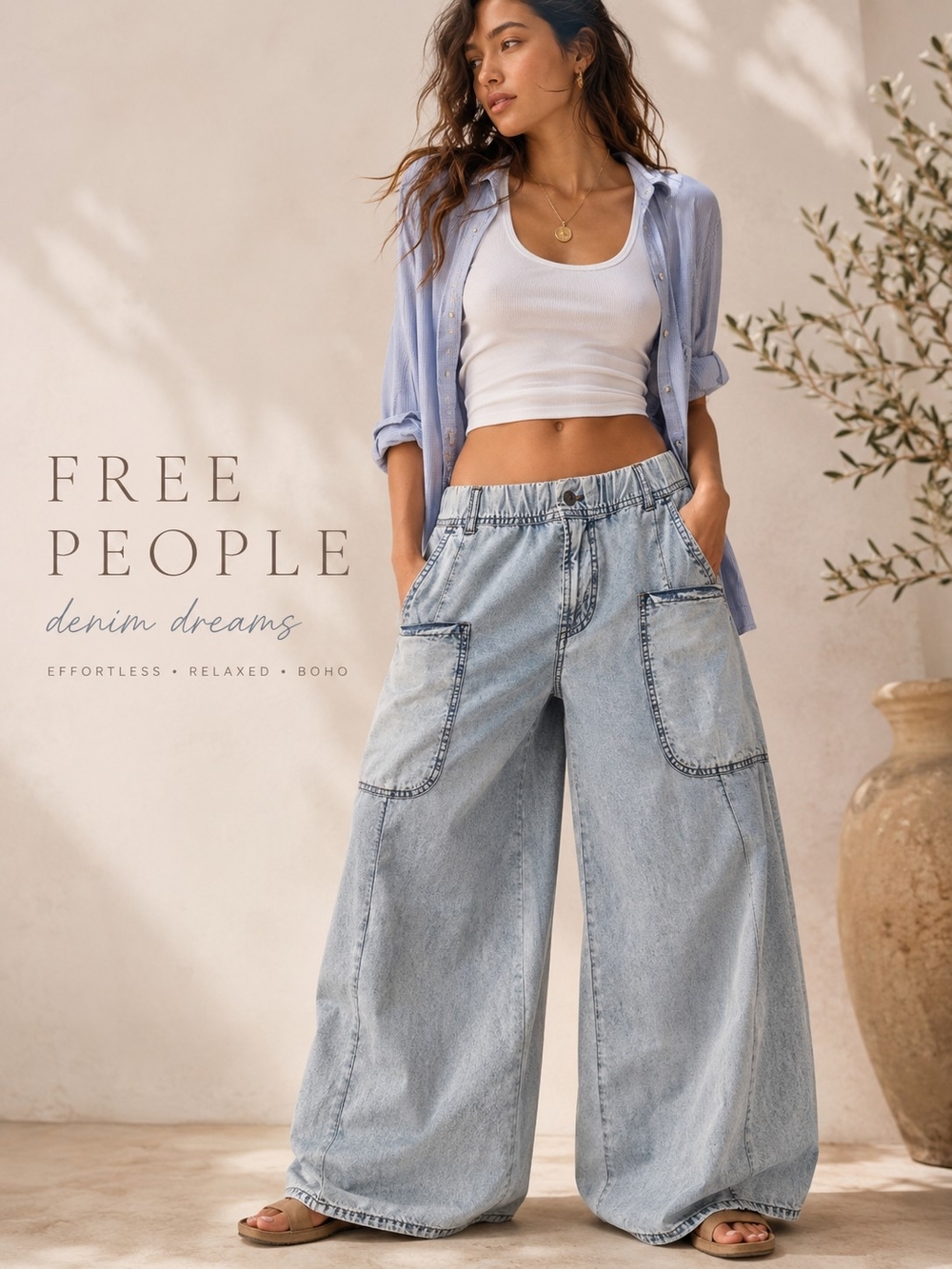 Free People Light Blue Wide-Leg Denim Cargo Oversized Slouchy Jeans Size Small
